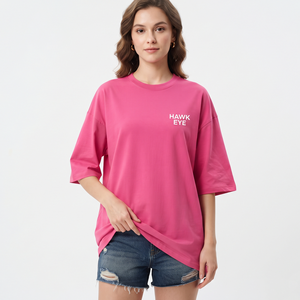 เสื้อยืดผู้หญิงคอตตอนคุณภาพสูงแบบโอเวอร์ไซส์ สไตล์ลำลอง สตรีทแวร์ สีชมพูฟูเชียล้วน รับผลิตตามสั่งขายส่ง - Product Image 2