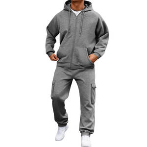 Men's <b>Purple</b> Hooded Tracksuit Solid Color Full Zipper Casual Sweatshirt and Cargo Pants Set Breathable Regular Fit Autumn Wear - Product Image 5