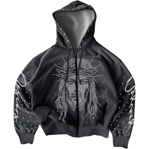 Sudadera con capucha para hombre con cremallera, estilo grunge con pedrería, Y2K, brillante, streetwear, de invierno, teñido liso, 100% algodón, lavado a la piedra - Product Image 1