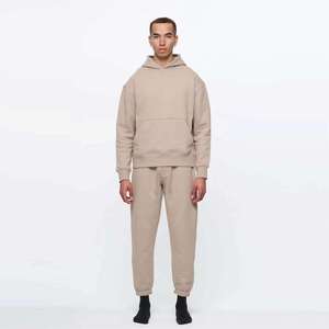 Men's Beige Hooded Sweatsuit Full Length Solid Color Casual Wear 100% Cotton Breathable Loose Fit Autumn Style - Product Image 2