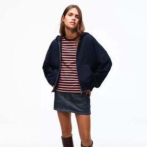 Women's Navy Hooded <b>Zip</b>-<b>Up</b> Sweatshirt Full Sleeve Knitted Cotton Solid Color Winter Wear 2Pcs Front - Product Image 3