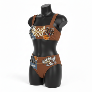 ชุดบิกินี่คุณภาพสูง 185 GSM ผ้าโพลีสแปนเด็กซ์สีน้ำตาล ผ้าเนื้อยืด แต่งผ้าเดนิมลายขาด ปักโลโก้ สำหรับผู้หญิง - Product Image 2