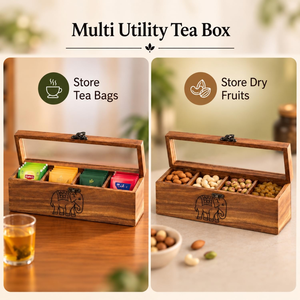 Hand Carved Sheesham <b>Wood</b> <b>Tea</b> <b>Box</b> with Elephant Warrior Design 4 Compartment <b>Tea</b> Storage Organizer Wooden Green <b>Tea</b> <b>Box</b> Multi - Product Image 5