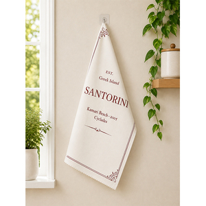 Essuie-tout en coton imprimé Santorini, île grecque |   Essuie-tout décoratif pour la cuisine |   Serviette souvenir de voyage méditerranéenne |   Premium - Product Image 1