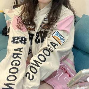 Chaqueta Bomber de Cuero Rosa Extra Grande para Mujer, Estilo Racing Bordado, Estilo Universitario, Ropa Urbana - Product Image 5