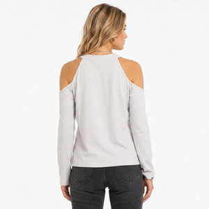 Premium Grey Cold Shoulder Lace-Up V Neck <b>Long</b> Sleeve <b>Top</b> Front Cut Out women's shirt Summer Knit <b>Top</b> OEM Custom Casual Fashion - Product Image 2