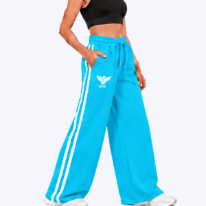 Pantalones Deportivos Anchos Color Cian para Mujer con Rayas Laterales Blancas, Cintura Alta con Cordón Ajustable, Bolsillos, Corte Holgado - Product Image 3