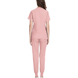 Conjunto de Uniforme Médico Rosa para Mujer, Pantalones de Algodón y Poliéster, Cuello en V, Manga Corta - Product Image 1