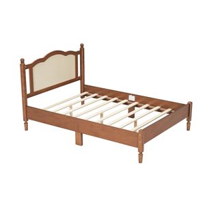 Cama de plataforma de madera tamaño matrimonial estilo vintage en nogal con cabecero de ratán natural y soporte de listones de madera. Entrega prevista. - Product Image 3