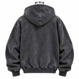 Sweat à capuche unisexe oversize zippé 100 % coton respirant, effet vintage délavé, imprimé lettres, style hip-hop - Product Image 2