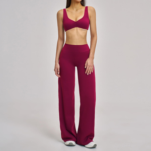 Purple 2 Piece Yoga Set High Waist Wide Leg Pants Racerback <b>Crop</b> <b>Top</b> Seamless Breathable Solid Color Activewear - Product Image 5