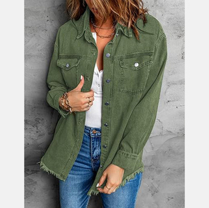 Women's Olive Green Genuine <b>Leather</b> Denim Shirt <b>Jacket</b> <b>Long</b> Loose Fit Turn-down Collar Button Front Frayed Hem Casual Spring - Product Image 5
