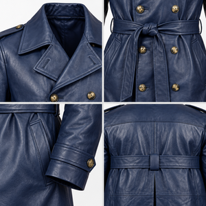 <b>Men's</b> <b>Navy</b> Blue Leather <b>Trench</b> <b>Coat</b> Long Double Breasted Belted Overcoat with Shoulder Epaulettes Classic Winter Fashion Custom - Product Image 5
