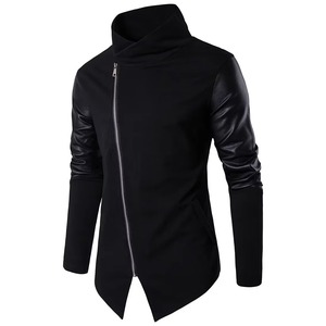 <b>Men's</b> <b>Black</b> Leather <b>Jacket</b> Stand Collar Zipper Closure Slim Fit <b>Long</b> Sleeve Moto Style Spring Wear Outdoor Customized <b>Jacket</b> - Product Image 1