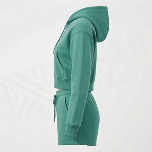 Ensemble 2 pièces en polaire pour femme : sweat à capuche et short, couleur unie, décontracté, au-dessus du genou, fermeture éclair avant, taille à cordon, coupe droite, printemps-été - Product Image 3