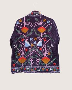 Purple Velvet Embroidered Bohemian <b>Coat</b> With Floral Hand <b>Stitching</b> Full Sleeve Turn-down Collar Plus Size Women's Outerwear - Product Image 2