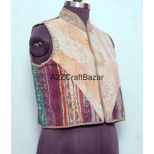 Chaleco de Algodón con Logotipo Estampado, Acolchado Kantha, Hecho a Mano, Estilo Boho, 100% Algodón Puro, Diseño Boho, Corte Regular para Mujer - Product Image 4