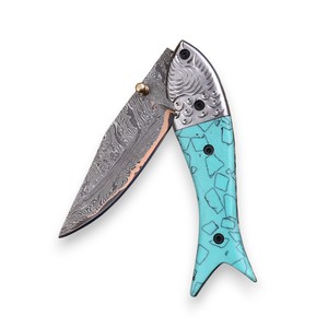 Cuchillo Plegable de Cobre Damasco Forjado a Mano con Mango de Resina Turquesa y Funda de Cuero, Cuchillo de Caza de Bolsillo EDC CuMai Personalizado - Product Image 2