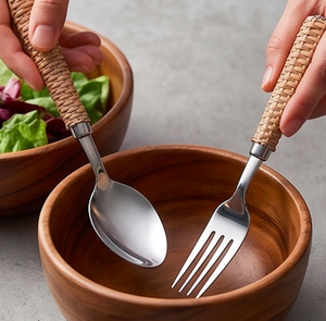 Ensemble de couverts minimalistes avec manches en bois, 5 pièces, en acier inoxydable, pour mariage, maison et repas - Product Image 3