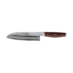 Couteaux de cuisine en bois grainé brun avec accents de manche noir, lames martelées argentées et broches décoratives pour trancher et hacher - Product Image 1