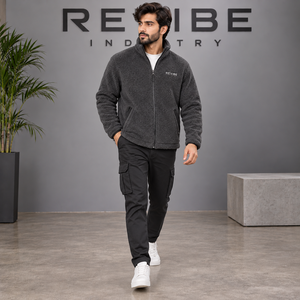 Custom <b>Mens</b> Charcoal <b>Sherpa</b> <b>Fleece</b> Jacket Stand Collar Eco-Friendly Breathable 100% Cotton Warm Winter Outerwear Casual Urban - Product Image 1