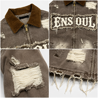 Chaquetas de mezclilla gruesas vintage personalizadas para hombre, estilo streetwear, con efecto desgastado, bordados, apliques, parches, estilo baggy, con cremallera, para trabajo, tipo trucker.