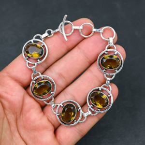 Handmade Smokey Quartz Oval Cut <b>Gemstone</b> Rhodium Plated Claw Setting Christian Wedding Gift <b>Bracelet</b> for Women 7-8'' - Product Image 1