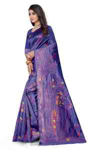 Sari indien traditionnel en soie bleu et violet avec broderies florales Zari, idéal pour les mariages, les fêtes et les festivals, coupe classique pour femme, longueur au sol. - Product Image 5