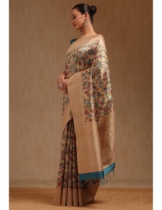 Sari KV para Mujer, Color Beige, Chanderi, con Estampado Floral Kalamkari y Blusa sin Coser - Product Image 4