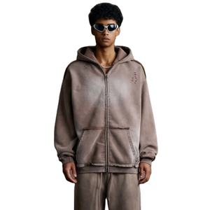 400 GSM Acid Wash Distressed <b>Zip</b>-<b>Up</b> Hoodie For <b>Men</b> Style Heavyweight Thick Soft Warm Casual Streetwear Layering Sweatshirt - Product Image 1