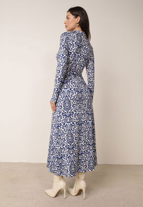 Navy <b>White</b> Damask <b>Wrap</b> Dress Collar Tie Waist Long Sleeve Midi Women Wholesale India - Product Image 3