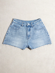 Shorts en jean taille haute pour femme, couleur unie, fermeture boutonnée, cinq poches, coupe classique, délavé, style décontracté - Product Image 1