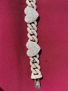 Iced Out Rhodium Plated 925 <b>Silver</b> Moissanite <b>Heart</b> Link Hip Hop Chain <b>Bracelet</b> - Product Image 2