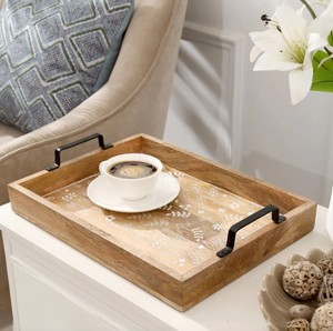 Bandeja Rectangular Grande de Madera Tallada a Mano con Diseños Florales a Cuadros, Asas de Diseño Moderno, para Mesa, Jarrón, Boda, Diwali - Product Image 4