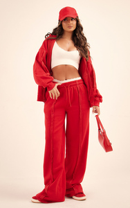 Bright <b>Red</b> Three Piece Tracksuit for Women Zip Up Bomber Jacket with <b>Crop</b> <b>Top</b> and Wide Leg Seam Detail Sweatpants Lounge Outfit - Product Image 4