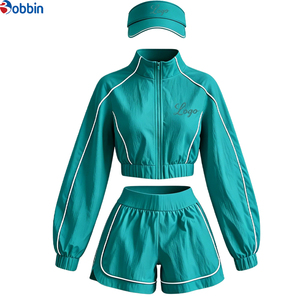 Custom Women's Spring/Summer 3-Piece Set Striped Zipper Sporty-Casual Sun-Protective Top Elastic-Waist Shorts & Sun <b>Hat</b> Outfits - Product Image 4