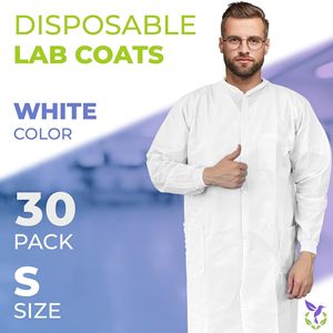 Camici da Laboratorio Monouso per Adulti Piccoli, Lunghezza al Ginocchio, Confezione da 30, Bianchi, SMS 40 GSM, Uniformi Mediche per Ospedali - Product Image 2