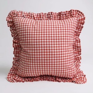 Housse de coussin carrée jaune à carreaux vichy avec bordure à volants, style classique, décoration d'intérieur, taies d'oreiller - Product Image 2