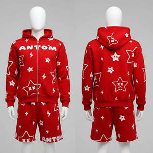 Ensemble sweat à capuche zippé et short personnalisé avec logo, survêtement deux pièces imprimé en relief sur toute la surface, ensemble sweat à capuche et short pour homme - Product Image 5