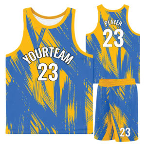 Ensemble de maillots de basket-ball sublimés personnalisés, bleu jaune, nom de l'équipe, numéro 23, unisexe, adulte, sans manches, vêtements de sport respirants - Product Image 1