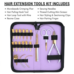 Kit complet d'outils d'application pour extensions capillaires : Pinces micro-anneaux, Anneaux de séparation rapide, Aiguilles courbées, Pinces bec de canard, Ciseaux - Product Image 2