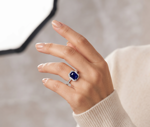 Pragalbh Jewels Wholesale 925 <b>Silver</b> <b>Emerald</b> Cut Blue Stone Halo <b>Ring</b> with Moissanite Accent Stones Luxury Fine Jewelry - Product Image 5