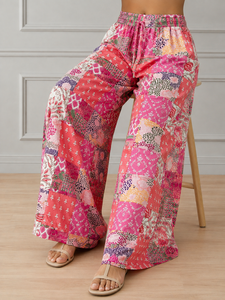 Pantalones Palazzo de Pierna Ancha con Estampado Patchwork de Calidad Premium, Cintura Alta con Cordón, Pantalones de Playa de Verano, Estilo Casual Holgado Boho - Product Image 6