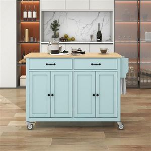 Armadio a 4 porte con piano in legno massello da cucina a isola 2 cassetti 2 ruote di bloccaggio ripiani regolabili. Include portasciugamani per spezie menta - Product Image 1
