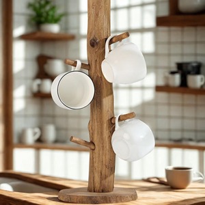 Rustic Double Tier Wooden Mug <b>Tree</b> <b>Stand</b> Floor Type Coffee Cup Holder Rack 6 Hooks Kitchen Home Caf Office Eco Friendly - Product Image 5