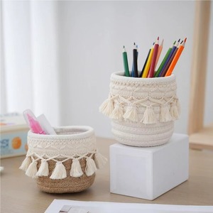 Premium Handmade Macrame <b>Basket</b> Cotton Rope Woven <b>Small</b> <b>Storage</b> Bin with Fringe for Nursery Bedroom Desktop Sundries Decor - Product Image 2
