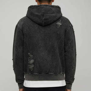 Sudadera con capucha vintage para hombre, con cremallera, lavado ácido, estilo desgastado, de algodón negro, estilo hip hop y streetwear. - Product Image 5