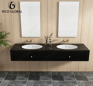 Meuble-lavabo mural double RICO GLOBAL avec vasques ovales, design minimaliste pour salle de bain, finition peinte - Product Image 1