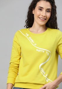 Sweat-shirt à col rond pour femme, jaune uni, manches longues, tricoté en coton respirant, vêtements d'automne - Product Image 3