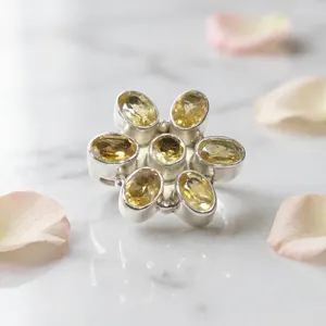 Bague en argent sterling 925 avec grappe de fleurs de citrine, sertie en clos ovale, pierre de naissance de novembre, bijou de cocktail - Product Image 5